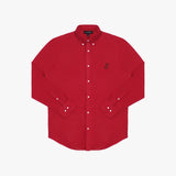 Front view of a red long-sleeved button-down shirt laid flat against a white background. It features a button-down collar, buttoned cuffs, white buttons, and a tonal red embroidered dog logo on the left chest