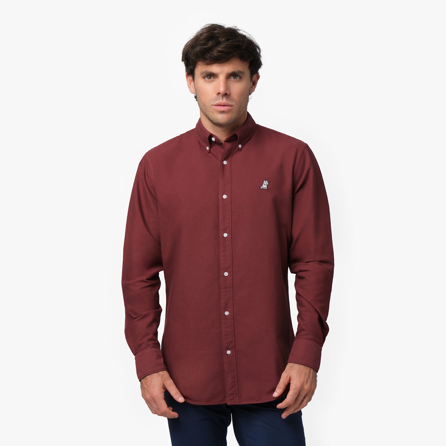 Front waist-up view of a male model wearing a burgundy long-sleeve button-down oxford shirt with a small white embroidered logo on the left chest, paired with navy trousers