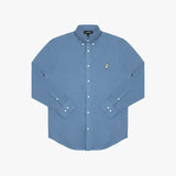 Front view of a dusty blue long-sleeved button-down shirt laid flat against a white background. It features a button-down collar, buttoned cuffs, white buttons, and a black-and-white embroidered dog logo on the left chest