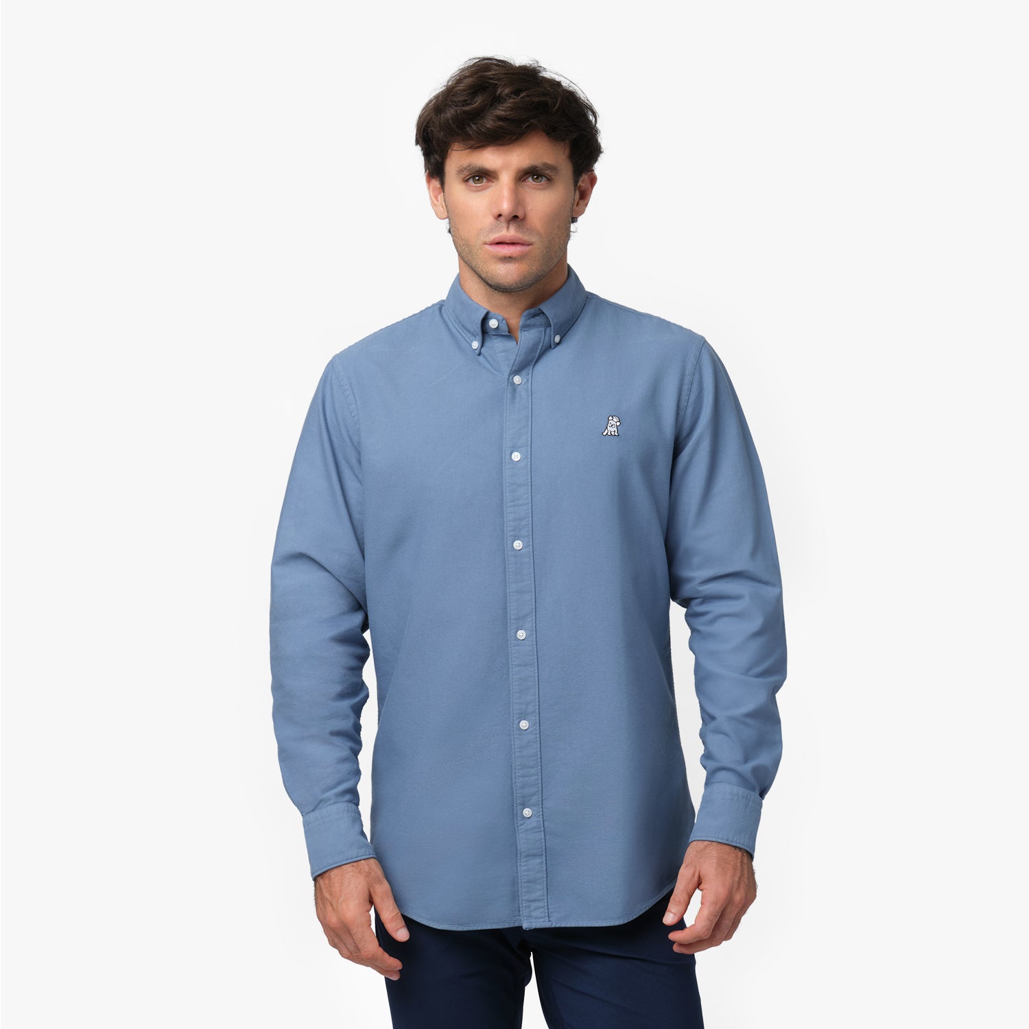Front waist-up view of a male model wearing a blue-grey long-sleeve button-down oxford shirt with a small white embroidered logo on the left chest, paired with navy trousers