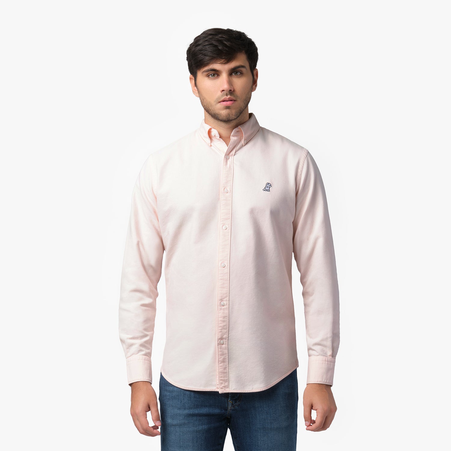 Front waist-up view of a male model wearing a light pink long-sleeve button-down oxford shirt with a small blue embroidered logo on the left chest, paired with dark wash jeans
