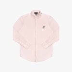 Front view of a light pink long-sleeved button-down shirt laid flat against a white background. It features a button-down collar, buttoned cuffs, and a black-and-white embroidered dog logo on the left chest