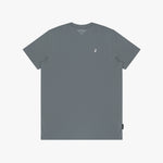 Gray t-shirt with a small logo on a white background