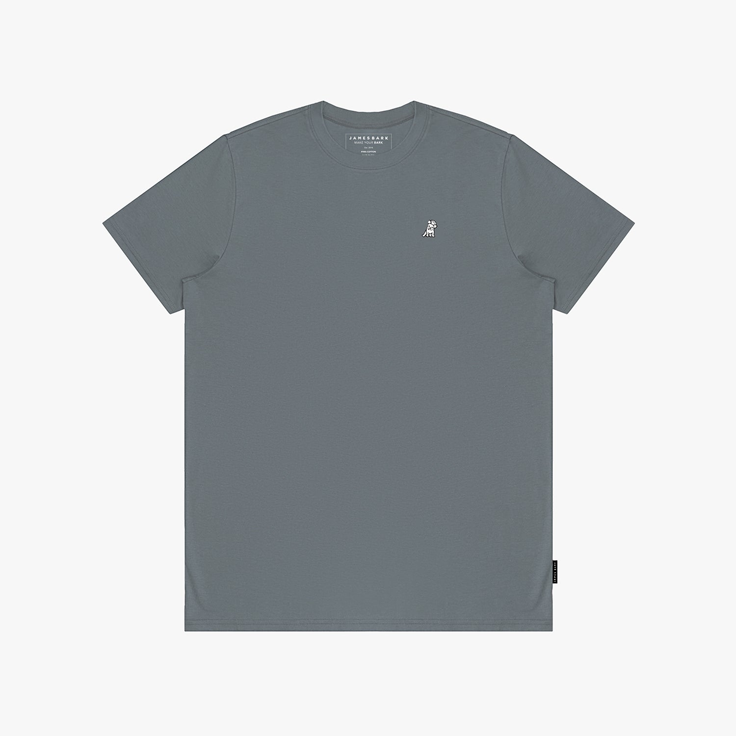 Gray t-shirt with a small logo on a white background