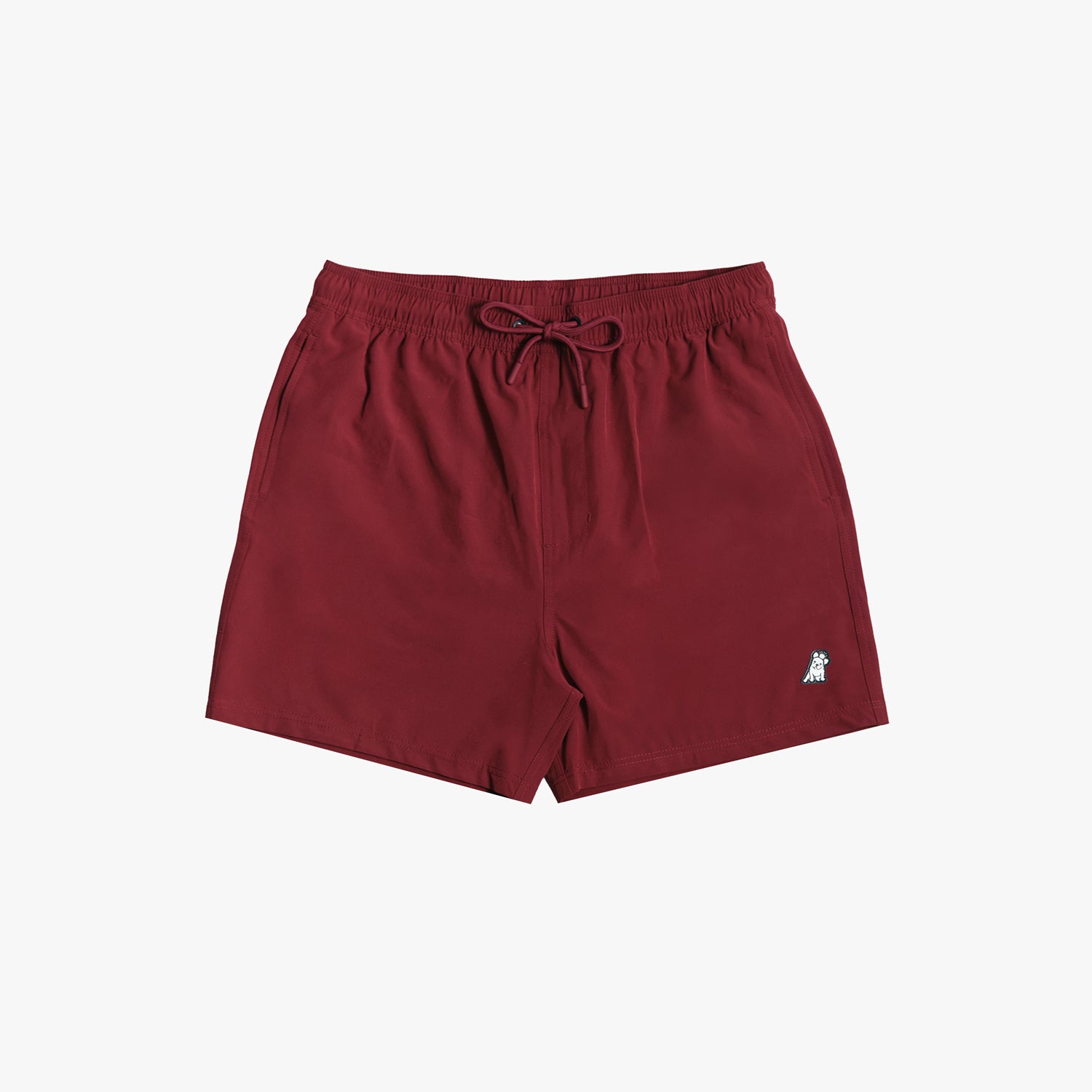 Solid burgundy shorts with a small embroidered dog logo