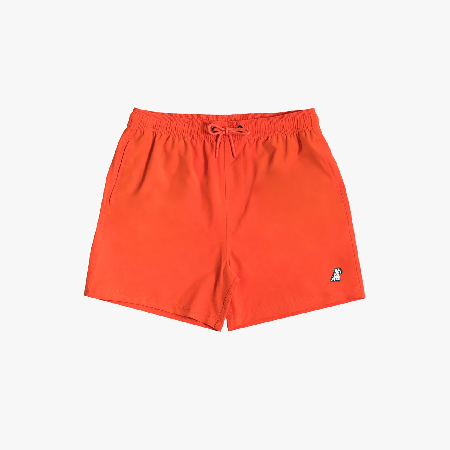 Solid bright orange swim shorts with a small embroidered dog logo on the leg