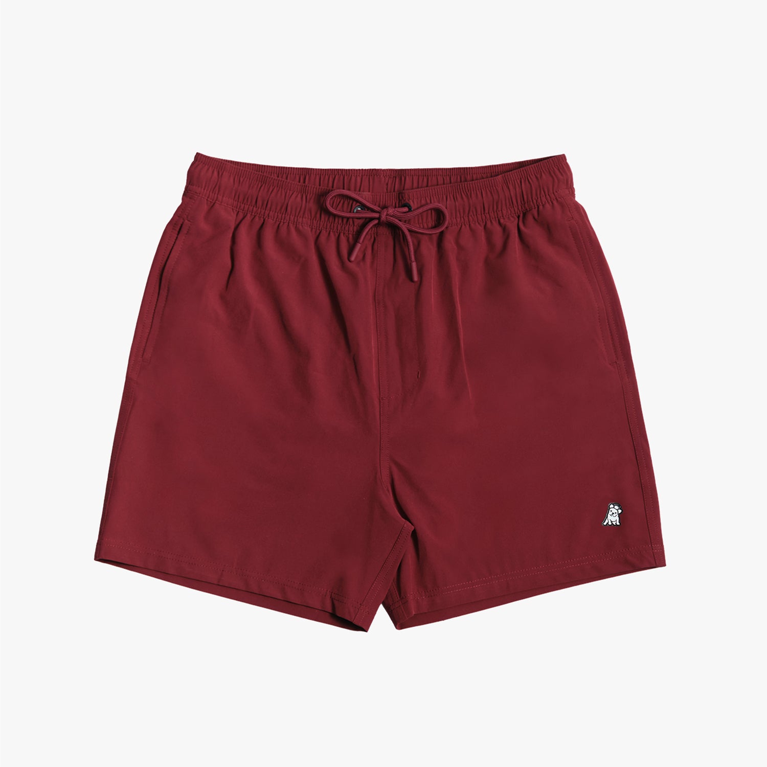 Solid burgundy shorts with a small embroidered white dog logo on the leg