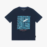 A navy blue T-shirt with a large light blue and white graphic print on the front featuring 'JAMES BARK' repeated in a wave pattern