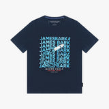 A navy blue T-shirt with a large light blue and white graphic print on the front featuring 'JAMES BARK' repeated in a wave pattern