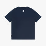 A navy blue T-shirt shown from the back, featuring a small white dog graphic printed on the upper center back, displayed flat.