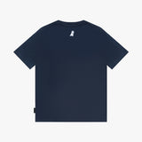 A navy blue T-shirt shown from the back, featuring a small white dog graphic printed on the upper center back, displayed flat.
