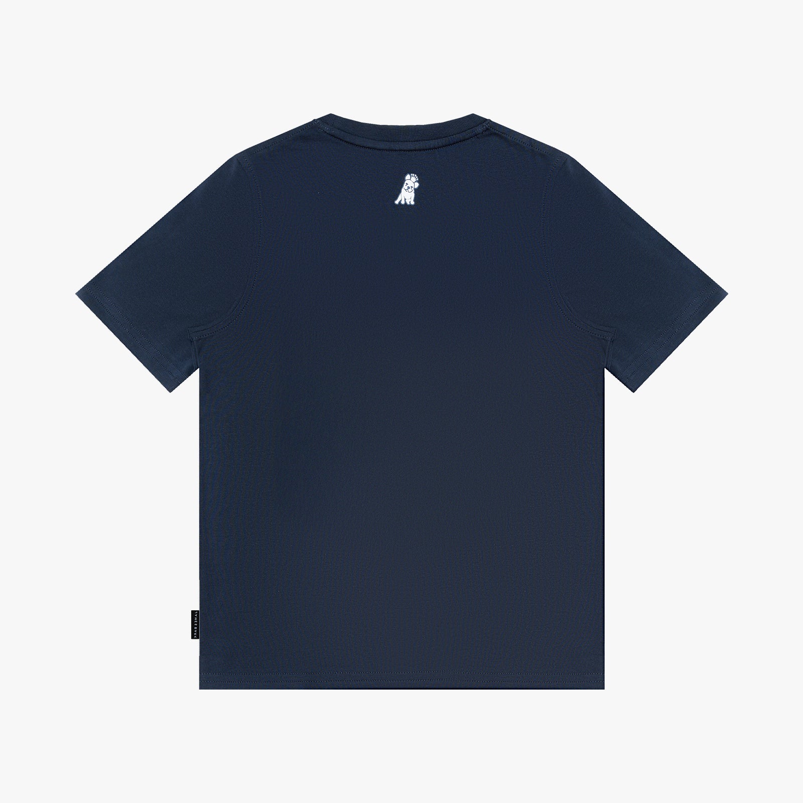 A navy blue T-shirt shown from the back, featuring a small white dog graphic printed on the upper center back, displayed flat.