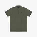 An olive green polo shirt with a navy blue embroidered logo on the left chest and matching navy stripes on the sleeve cuffs