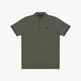 An olive green polo shirt with a navy blue embroidered logo on the left chest and matching navy stripes on the sleeve cuffs