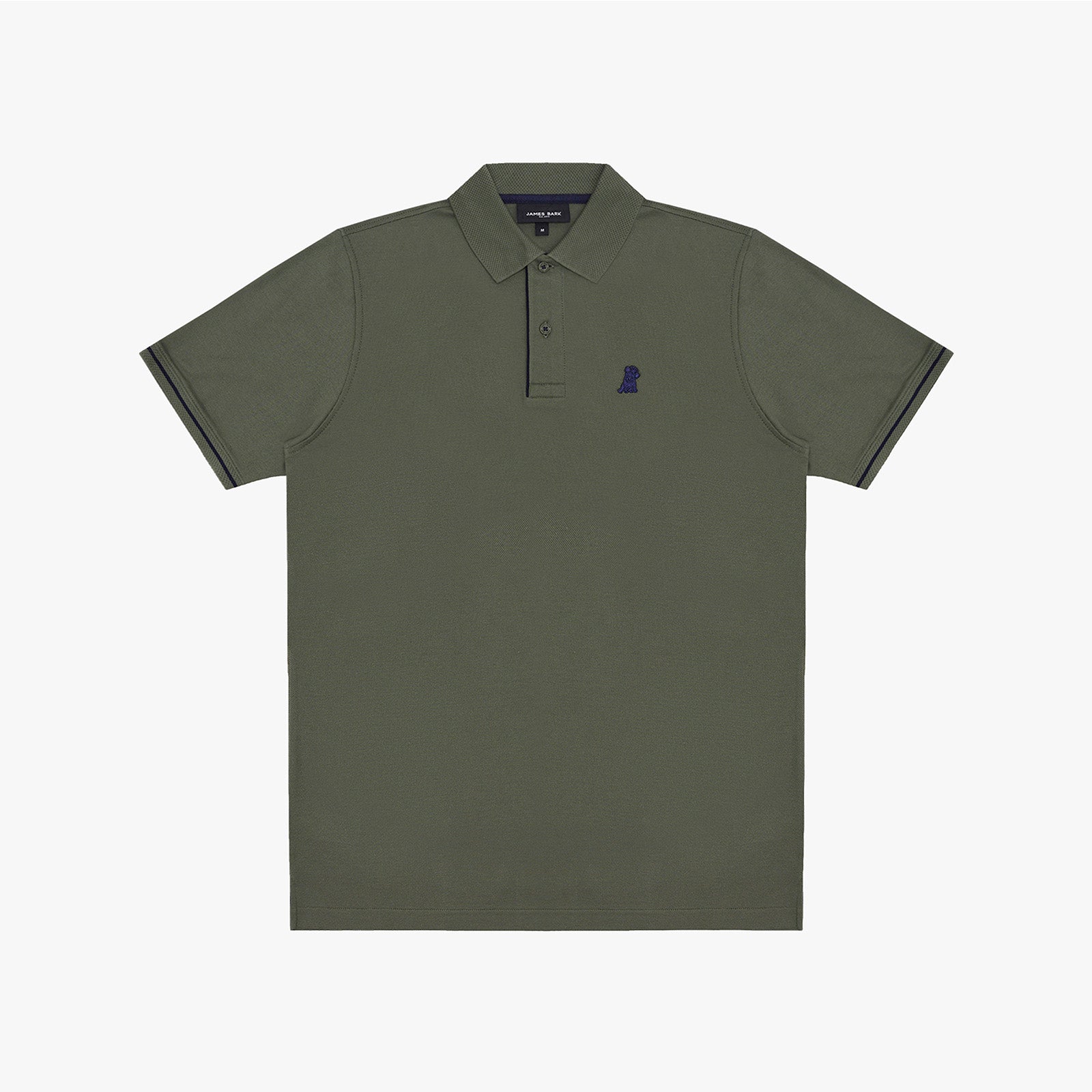 An olive green polo shirt with a navy blue embroidered logo on the left chest and matching navy stripes on the sleeve cuffs
