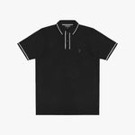 A black polo shirt with white contrast piping on the collar, placket, and sleeve cuffs, featuring a small dark embroidered logo on the left chest.