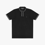 A black polo shirt with white contrast piping on the collar, placket, and sleeve cuffs, featuring a small dark embroidered logo on the left chest.