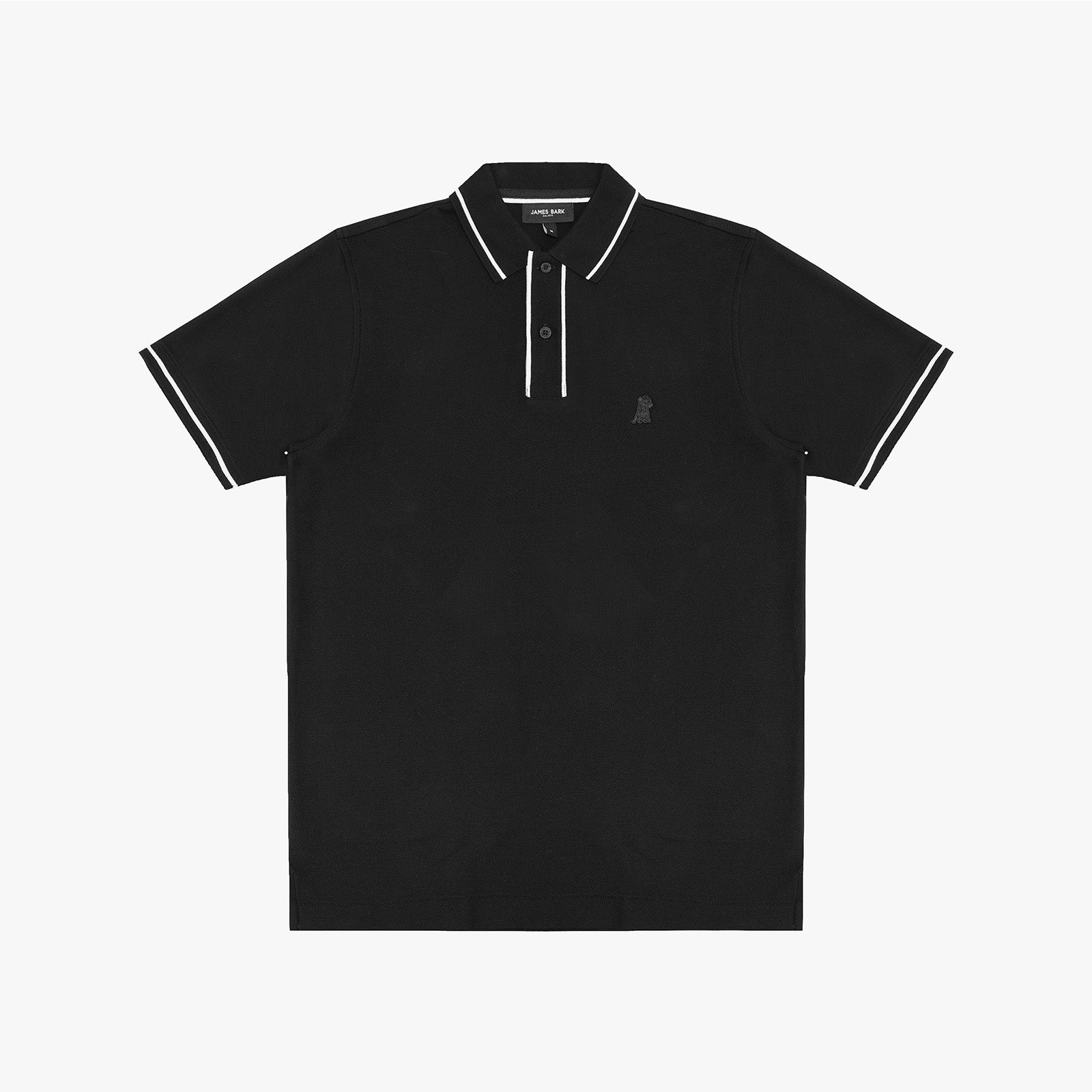 A black polo shirt with white contrast piping on the collar, placket, and sleeve cuffs, featuring a small dark embroidered logo on the left chest.