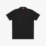 A black polo shirt with red and white striped trim on the collar, placket, and sleeve cuffs, featuring a small embroidered logo on the left chest