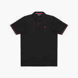 A black polo shirt with red and white striped trim on the collar, placket, and sleeve cuffs, featuring a small embroidered logo on the left chest