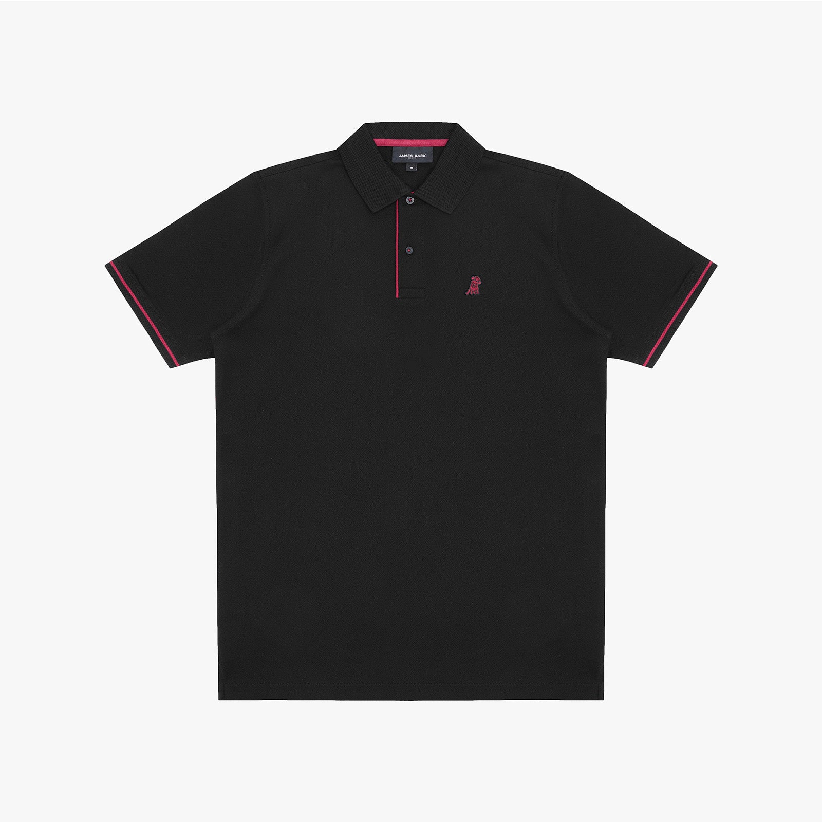 A black polo shirt with red and white striped trim on the collar, placket, and sleeve cuffs, featuring a small embroidered logo on the left chest