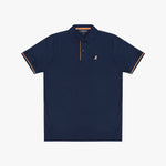 A navy blue polo shirt with thin orange stripes on the collar placket and sleeve cuffs, featuring a small embroidered logo on the left chest.