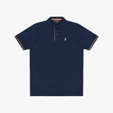 A navy blue polo shirt with thin orange stripes on the collar placket and sleeve cuffs, featuring a small embroidered logo on the left chest.