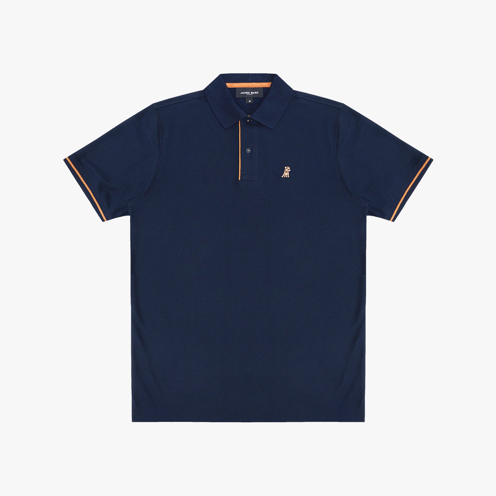 A navy blue polo shirt with thin orange stripes on the collar placket and sleeve cuffs, featuring a small embroidered logo on the left chest.