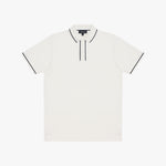 An off-white polo shirt with thin black piping trim along the collar placket and sleeve cuffs, displayed flat