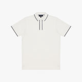 An off-white polo shirt with thin black piping trim along the collar placket and sleeve cuffs, displayed flat
