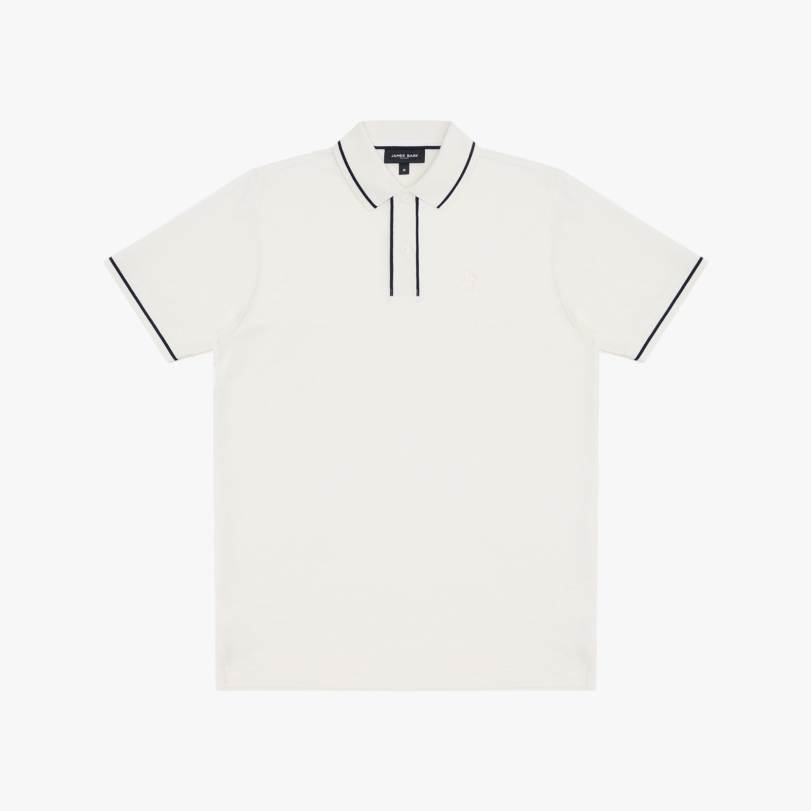 An off-white polo shirt with thin black piping trim along the collar placket and sleeve cuffs, displayed flat