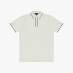 A polo shirt in a light cream or off-white color, featuring thin black piping along the collar, placket, and sleeve cuffs, with a small embroidered logo on the left chest.