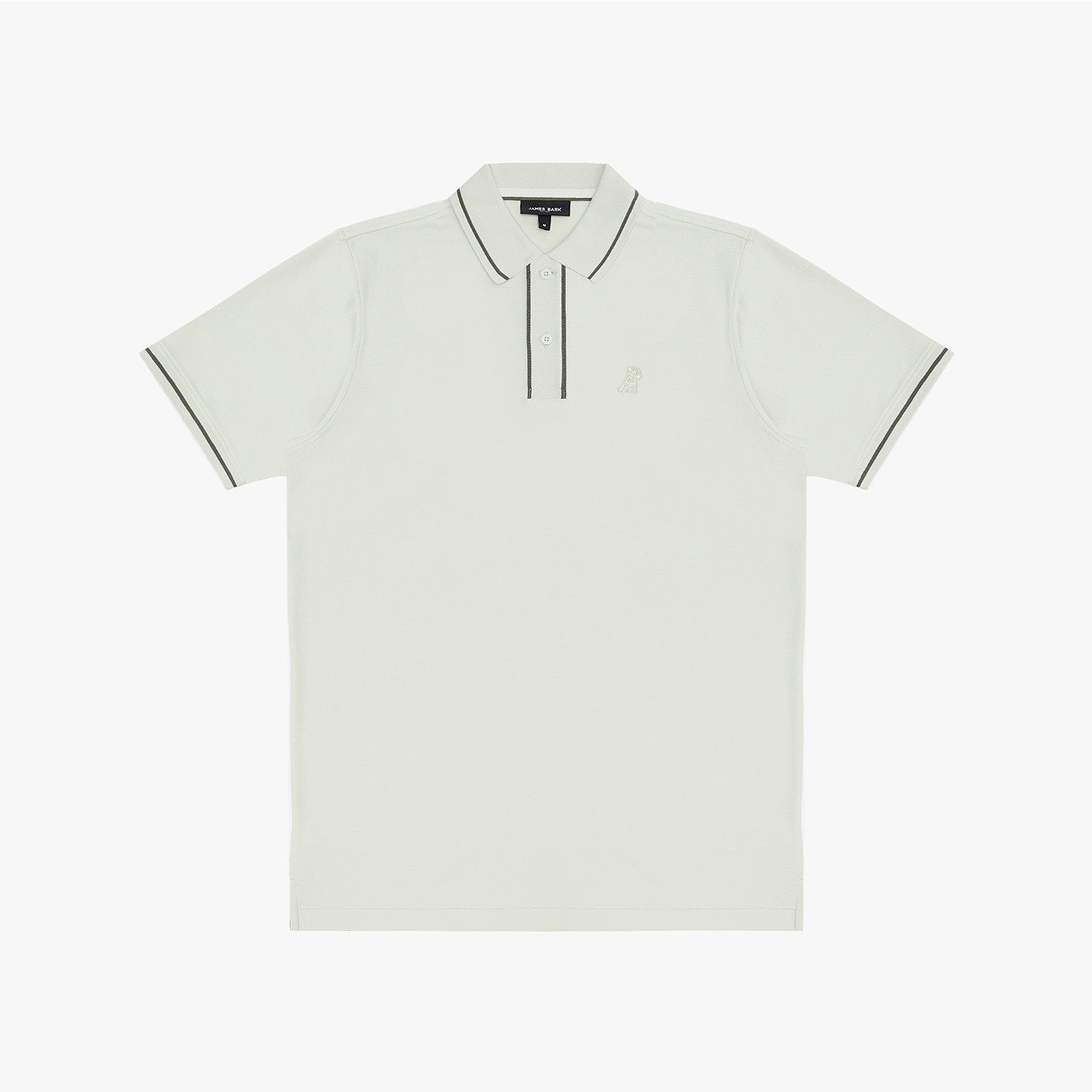 A polo shirt in a light cream or off-white color, featuring thin black piping along the collar, placket, and sleeve cuffs, with a small embroidered logo on the left chest.