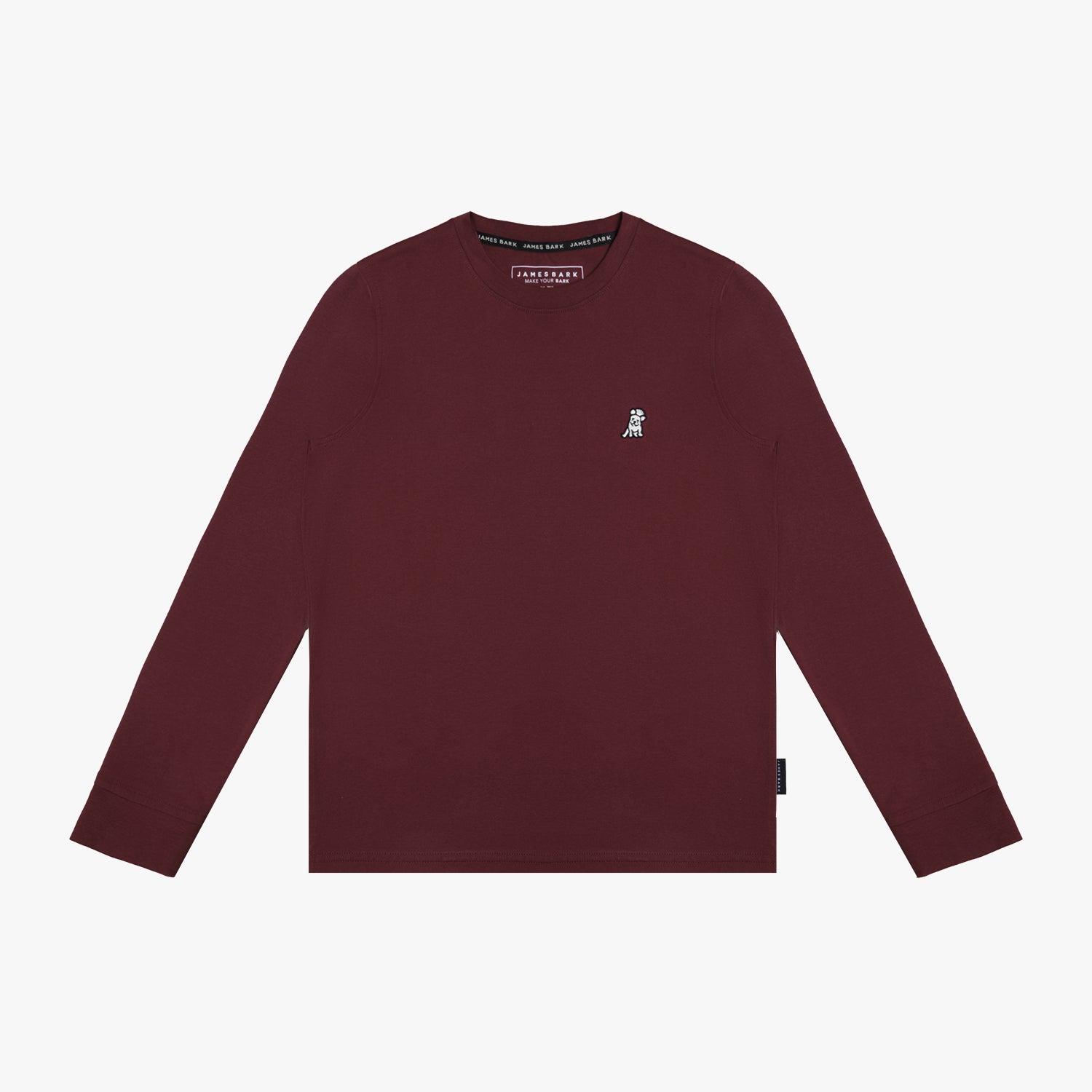 Flat lay of the burgundy long-sleeve shirt, showing the front with the small embroidered logo on the chest.