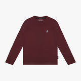 Flat lay of the burgundy long-sleeve shirt, showing the front with the small embroidered logo on the chest.