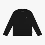 A black long-sleeved crew neck t-shirt with a small white embroidered dog logo on the left chest, laid flat