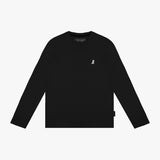 A black long-sleeved crew neck t-shirt with a small white embroidered dog logo on the left chest, laid flat