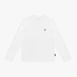 White long-sleeved t-shirt with a small embroidered dog logo on the chest, laid flat