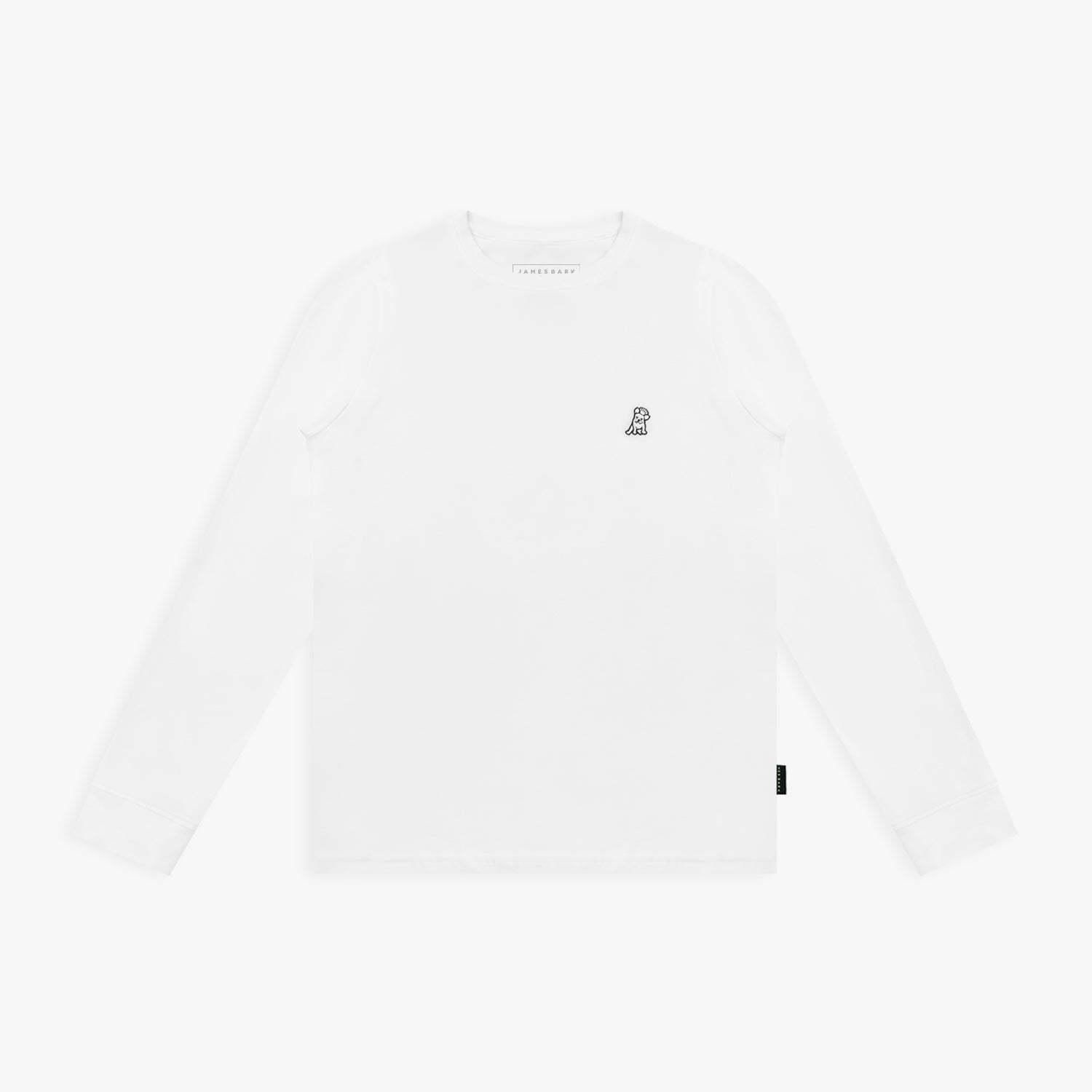 White long-sleeved t-shirt with a small embroidered dog logo on the chest, laid flat