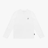 White long-sleeved t-shirt with a small embroidered dog logo on the chest, laid flat