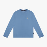 Flat lay of the light blue long-sleeve shirt, showing the front with a small embroidered logo on the chest.