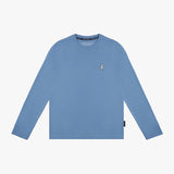 Flat lay of the light blue long-sleeve shirt, showing the front with a small embroidered logo on the chest.