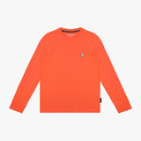 Flat lay of the orange long-sleeve shirt, showing the front with a small embroidered logo on the chest.