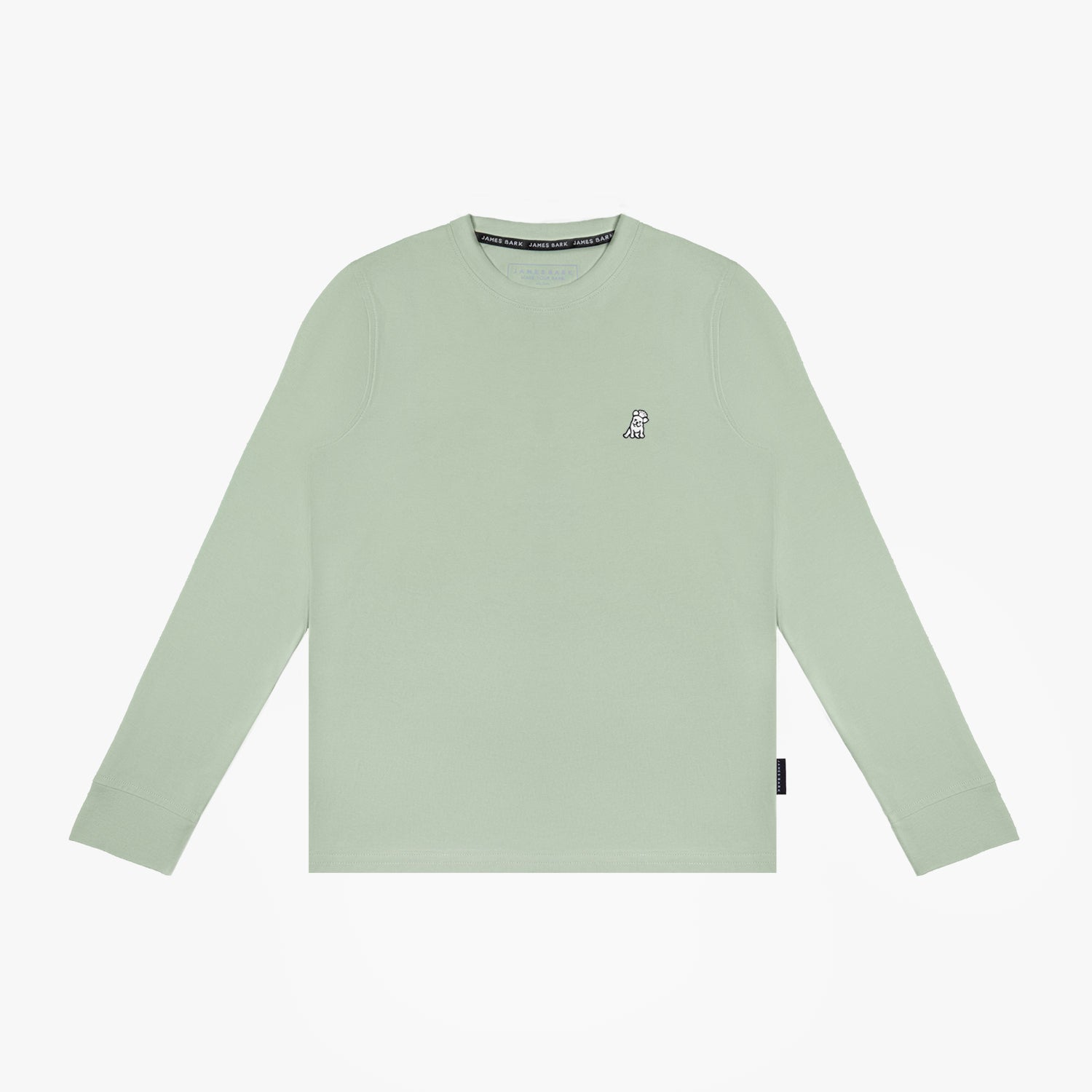 Flat lay of the light green long-sleeve shirt, showing the front with a small embroidered logo on the chest.