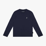 A dark blue (navy) long-sleeved crew neck t-shirt with a small white embroidered dog logo on the left chest, laid flat.