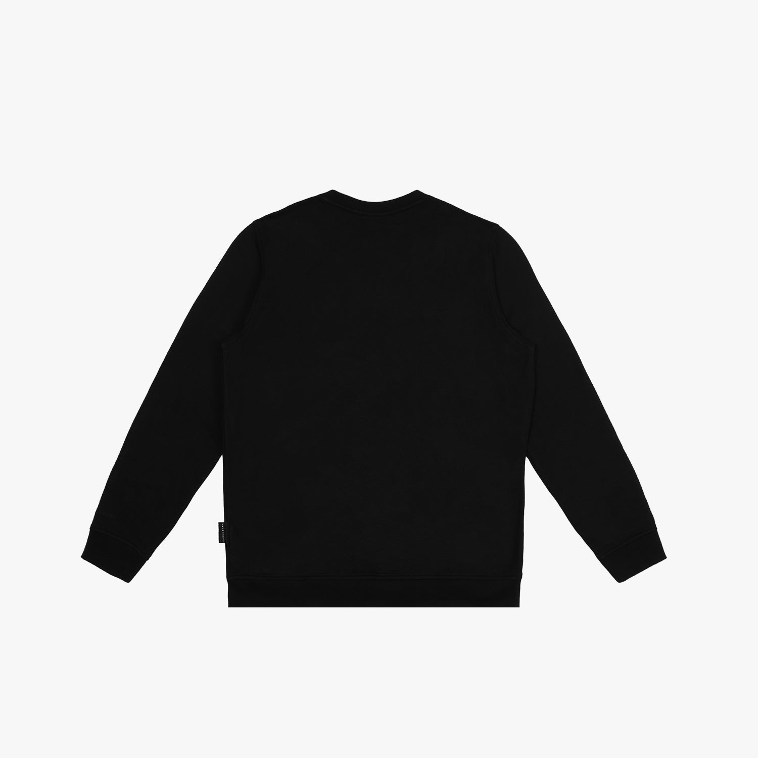 Flat-lay back view of a black sweatshirt, showcasing a clean and minimalist design with long sleeves