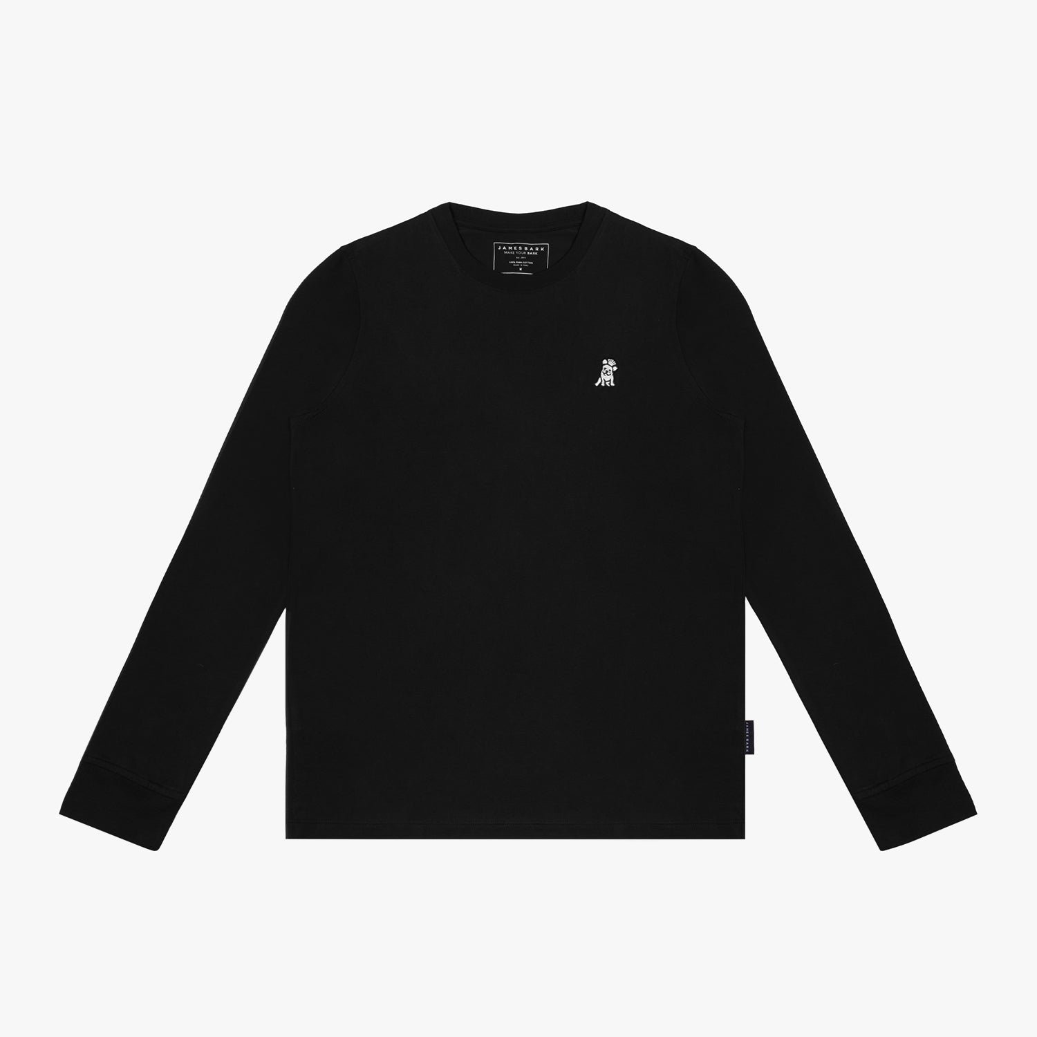 A flat-lay image of the black long-sleeved t-shirt, showing the collar and full sleeves.