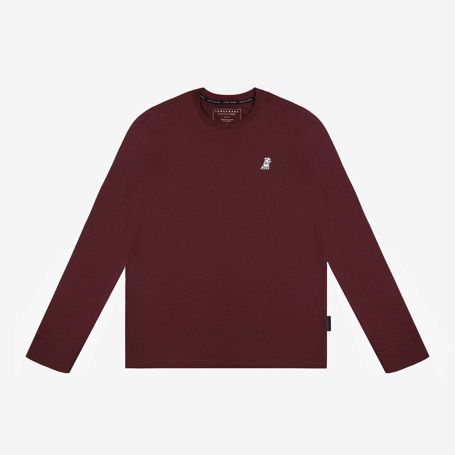 A dark red (burgundy) long-sleeved sweater laid flat against a white background.