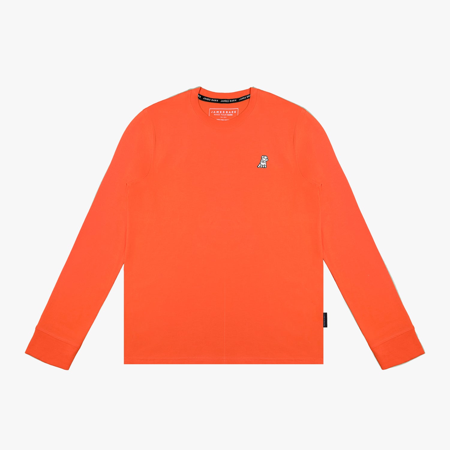 A bright orange long-sleeved sweater laid flat against a white background.