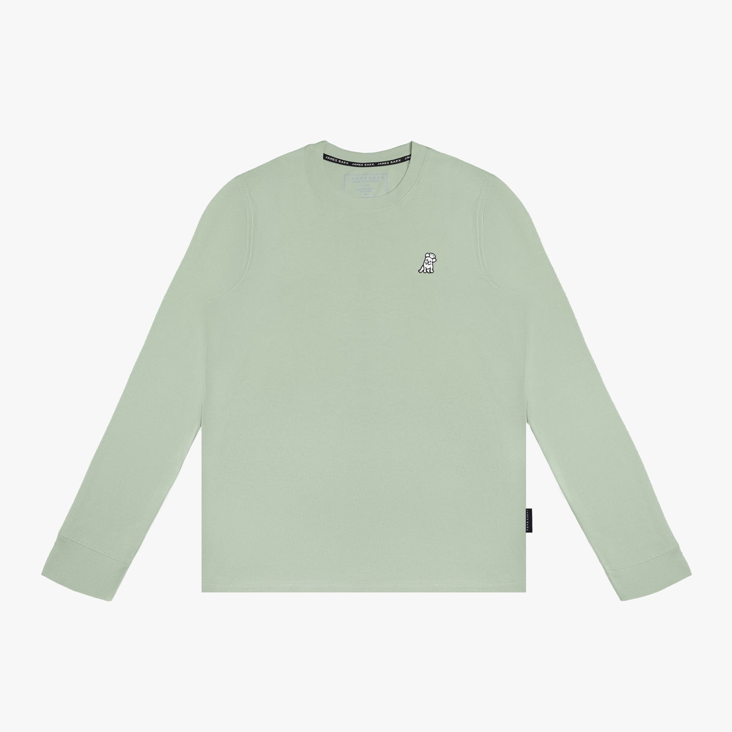 A light green long-sleeved sweater laid flat against a white background.